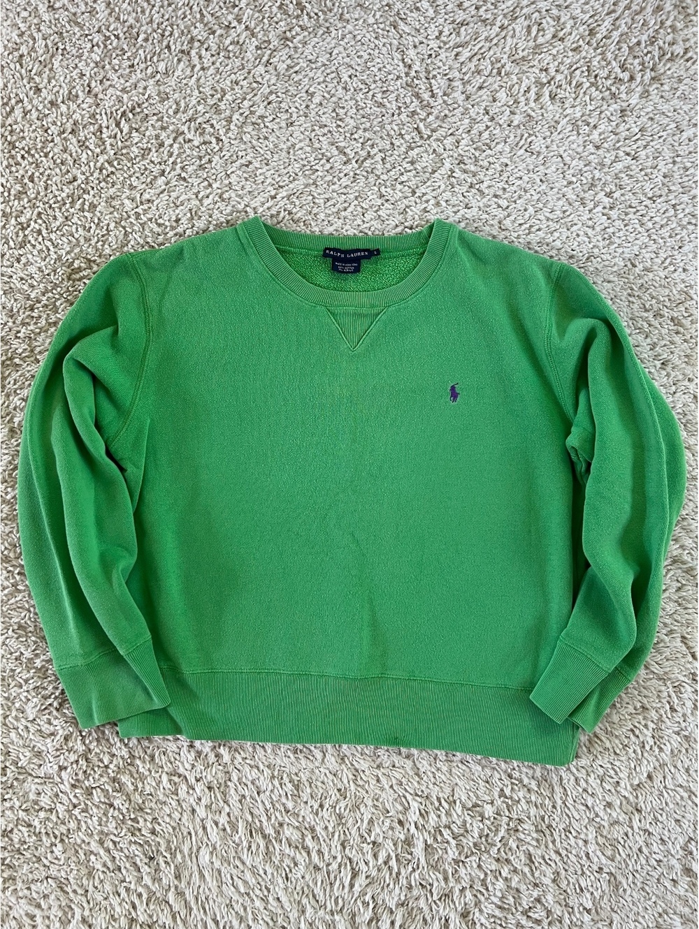 Ralph Lauren Sweatshirt Large Green Purple Pony Logo Crewneck Cotton Blend Prep